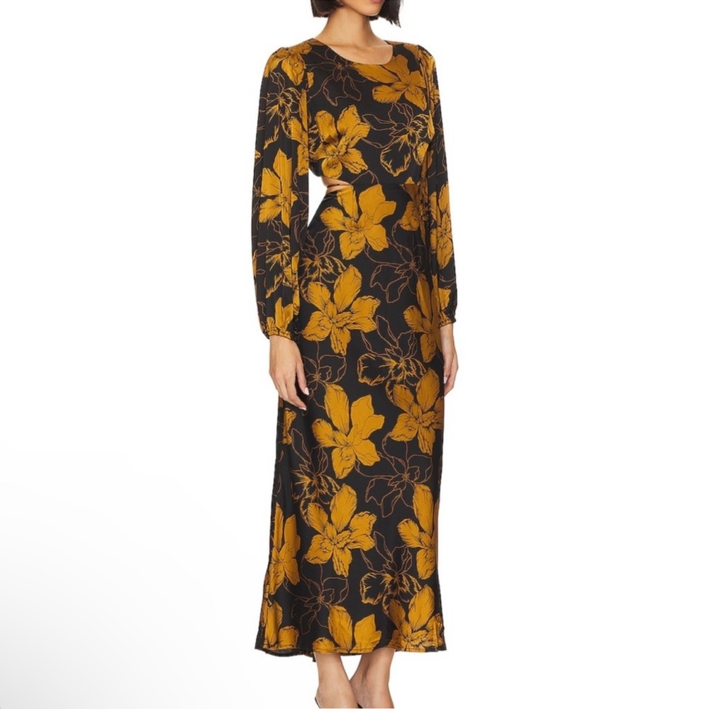 ASTR The Label Women’s Quinn Dress in Black & Mustard Floral Long Sleeve Maxi XS